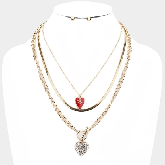 NEW Heart Pendant rhinestone Triple Layered Necklace - Picture 3 of 9